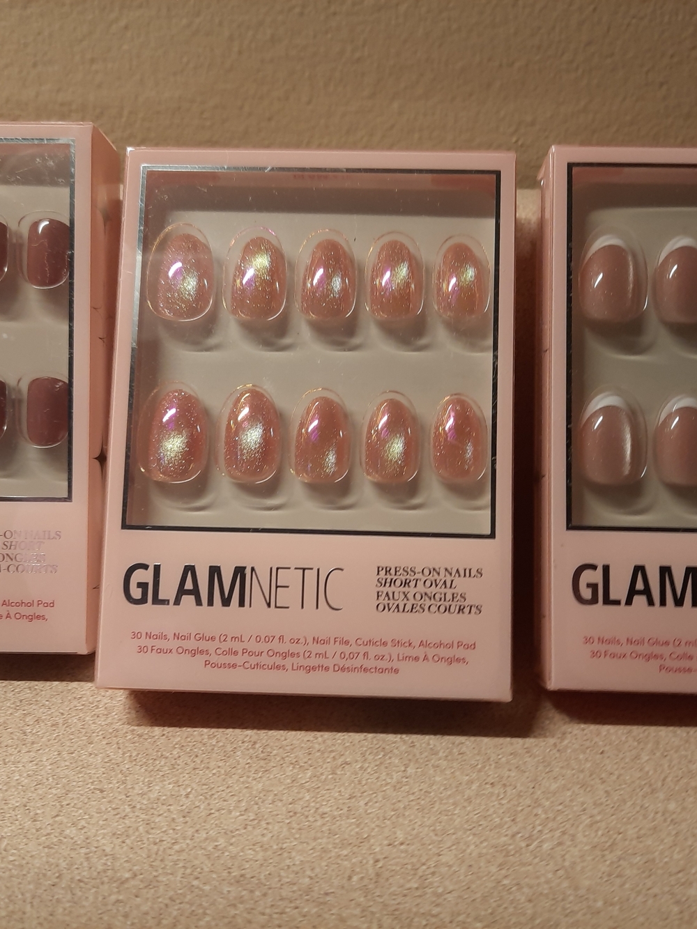 Set Of 3 - Press-On Nails in Shimmery Pink - Short Oval Set